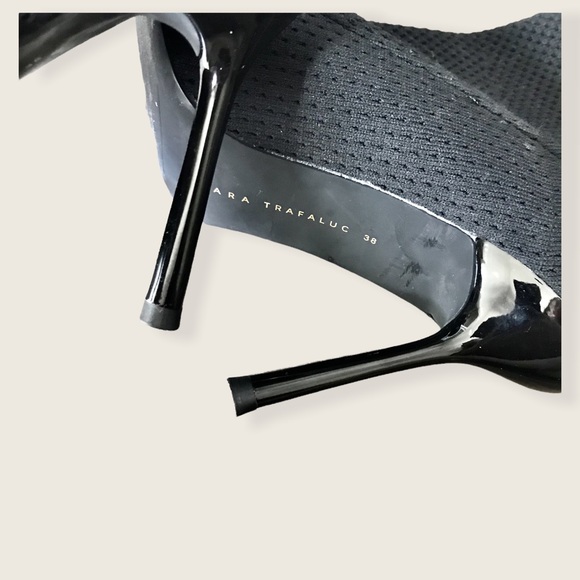 Zara Trafaluc Black Stretchy Sock Mesh Pointed Toe Ankle Boot Stiletto Heels - Picture 13 of 16